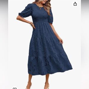 Puff Sleeve Smocked Floral Dress Crewneck Lace Flowy Tiered Midi Dress
